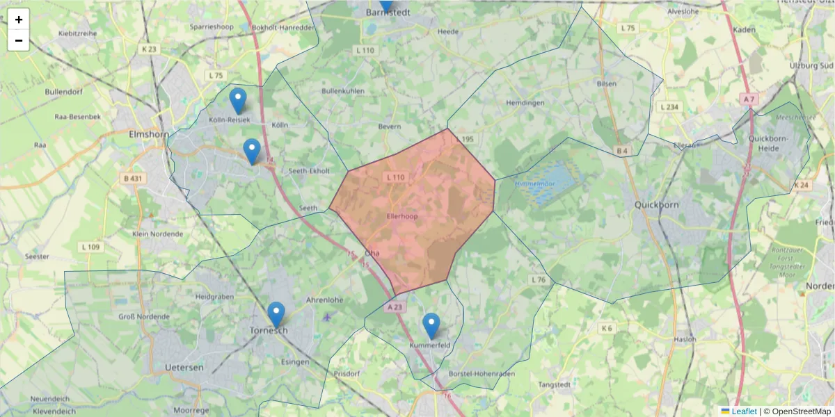 Karte des Postleitzahlen Bereichs  und der umliegenden Postleitzahlen in Deutschland