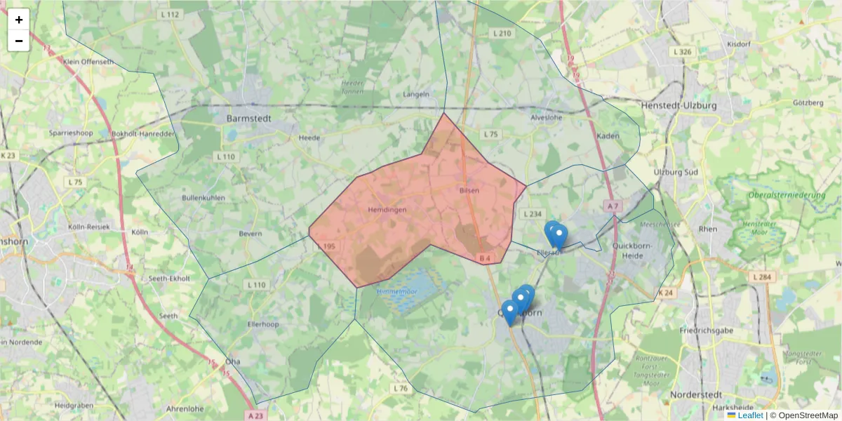 Karte des Postleitzahlen Bereichs  und der umliegenden Postleitzahlen in Deutschland