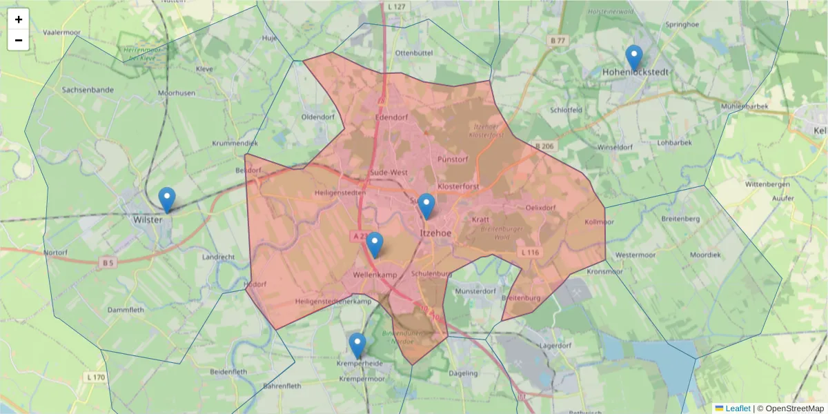 Karte des Postleitzahlen Bereichs  und der umliegenden Postleitzahlen in Deutschland