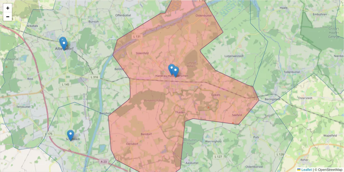 Karte des Postleitzahlen Bereichs  und der umliegenden Postleitzahlen in Deutschland