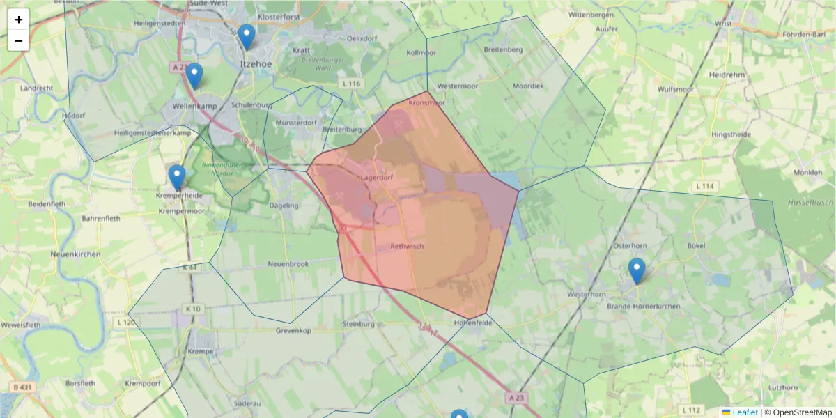 Karte des Postleitzahlen Bereichs  und der umliegenden Postleitzahlen in Deutschland