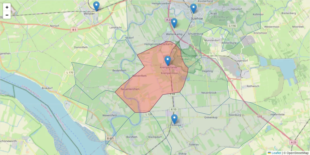 Karte des Postleitzahlen Bereichs  und der umliegenden Postleitzahlen in Deutschland
