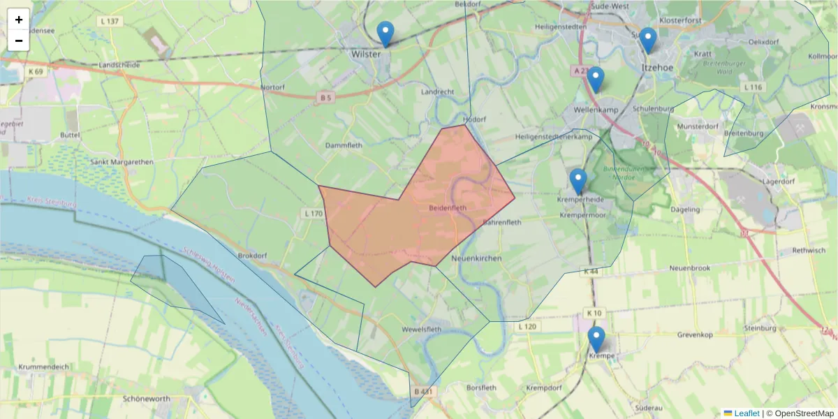 Karte des Postleitzahlen Bereichs  und der umliegenden Postleitzahlen in Deutschland