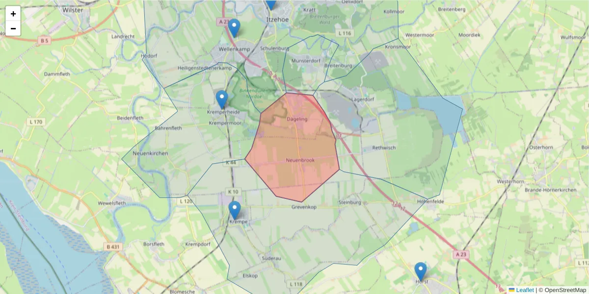 Karte des Postleitzahlen Bereichs  und der umliegenden Postleitzahlen in Deutschland