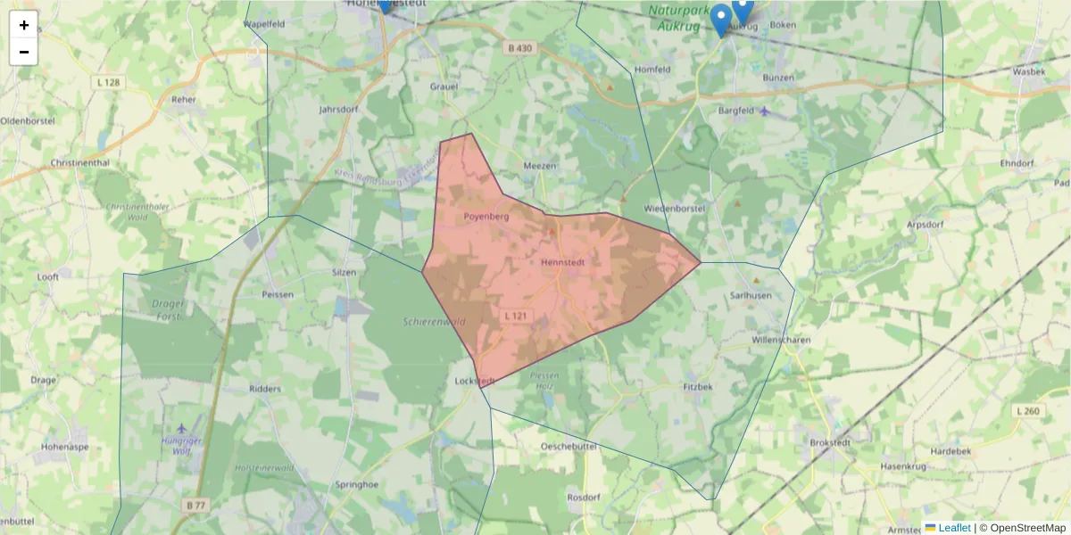 Karte des Postleitzahlen Bereichs  und der umliegenden Postleitzahlen in Deutschland