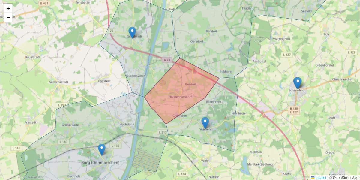 Karte des Postleitzahlen Bereichs  und der umliegenden Postleitzahlen in Deutschland