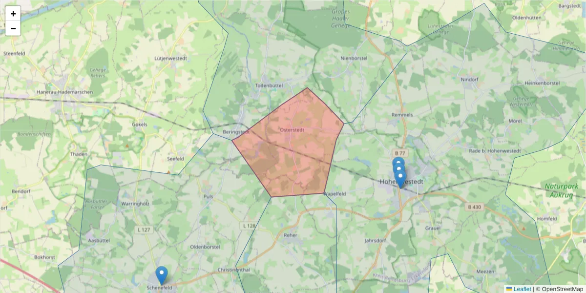 Karte des Postleitzahlen Bereichs  und der umliegenden Postleitzahlen in Deutschland