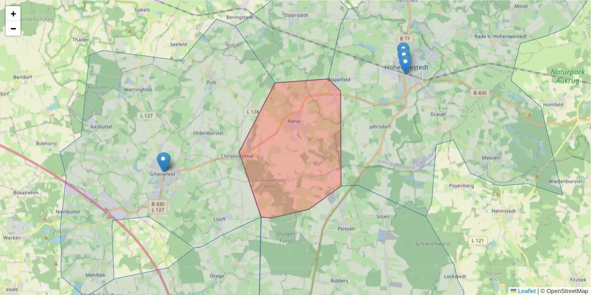 Karte des Postleitzahlen Bereichs  und der umliegenden Postleitzahlen in Deutschland