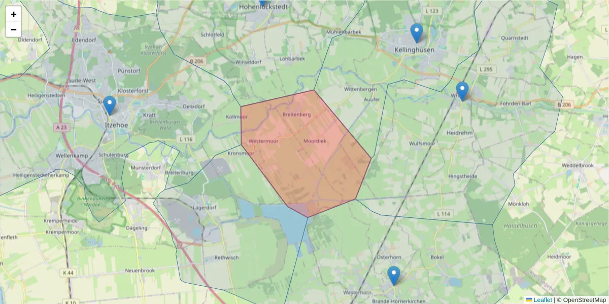 Karte des Postleitzahlen Bereichs  und der umliegenden Postleitzahlen in Deutschland