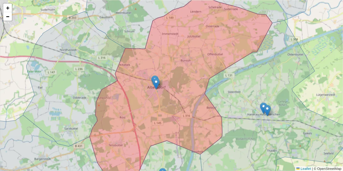 Karte des Postleitzahlen Bereichs  und der umliegenden Postleitzahlen in Deutschland