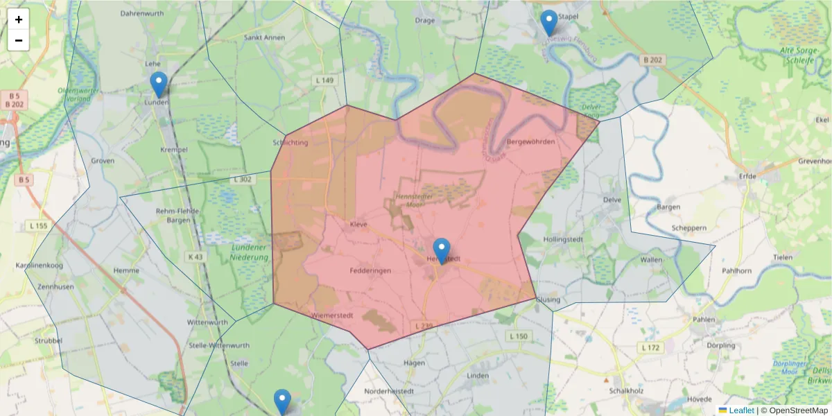 Karte des Postleitzahlen Bereichs  und der umliegenden Postleitzahlen in Deutschland