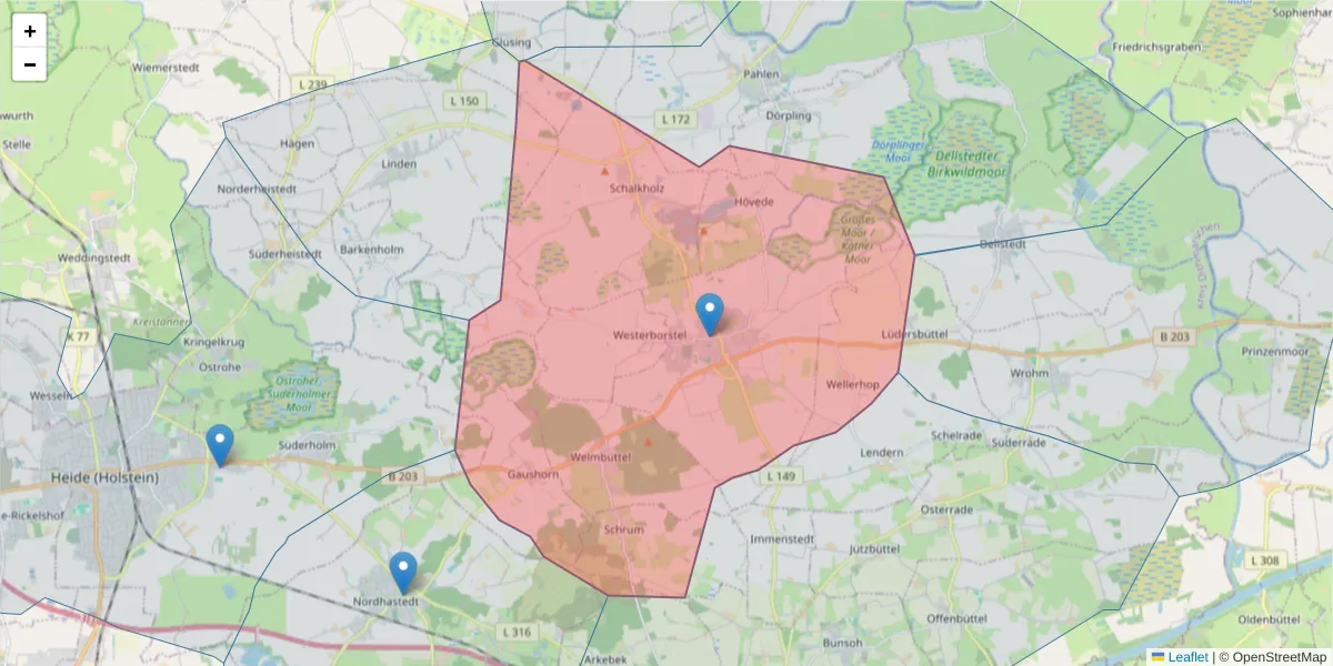 Karte des Postleitzahlen Bereichs  und der umliegenden Postleitzahlen in Deutschland
