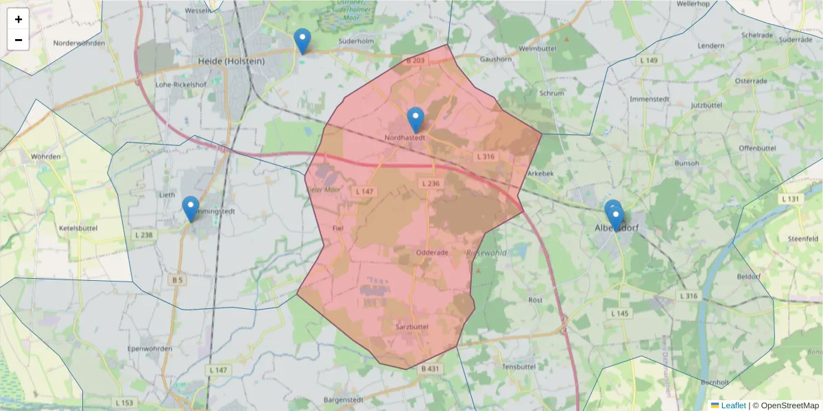 Karte des Postleitzahlen Bereichs  und der umliegenden Postleitzahlen in Deutschland
