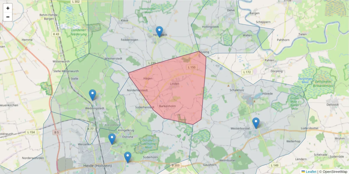 Karte des Postleitzahlen Bereichs  und der umliegenden Postleitzahlen in Deutschland
