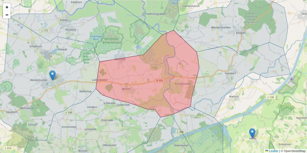 Karte des Postleitzahlen Bereichs  und der umliegenden Postleitzahlen in Deutschland
