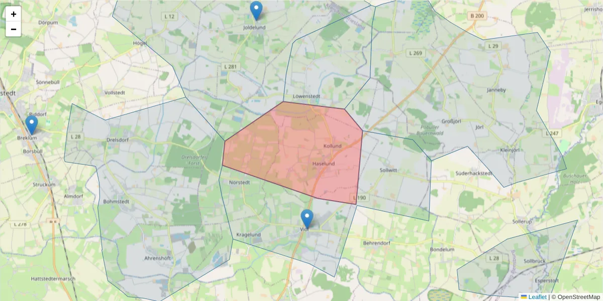 Karte des Postleitzahlen Bereichs  und der umliegenden Postleitzahlen in Deutschland