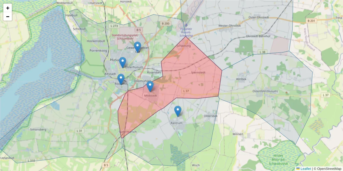 Karte des Postleitzahlen Bereichs  und der umliegenden Postleitzahlen in Deutschland