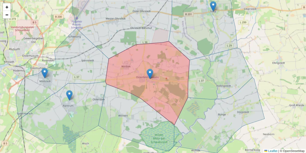 Karte des Postleitzahlen Bereichs  und der umliegenden Postleitzahlen in Deutschland