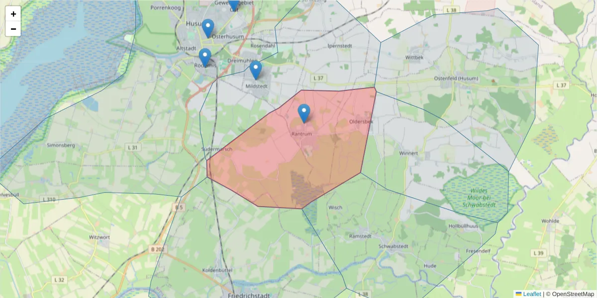 Karte des Postleitzahlen Bereichs  und der umliegenden Postleitzahlen in Deutschland