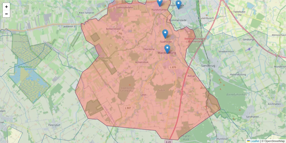 Karte des Postleitzahlen Bereichs  und der umliegenden Postleitzahlen in Deutschland