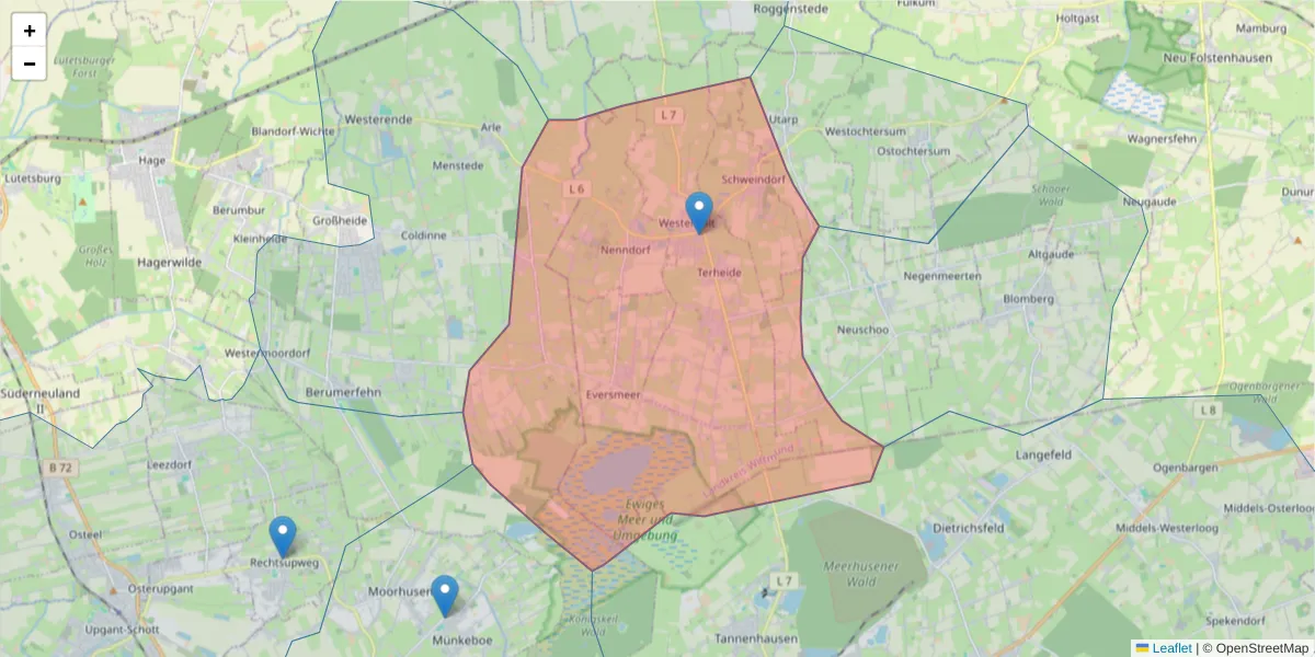 Karte des Postleitzahlen Bereichs  und der umliegenden Postleitzahlen in Deutschland
