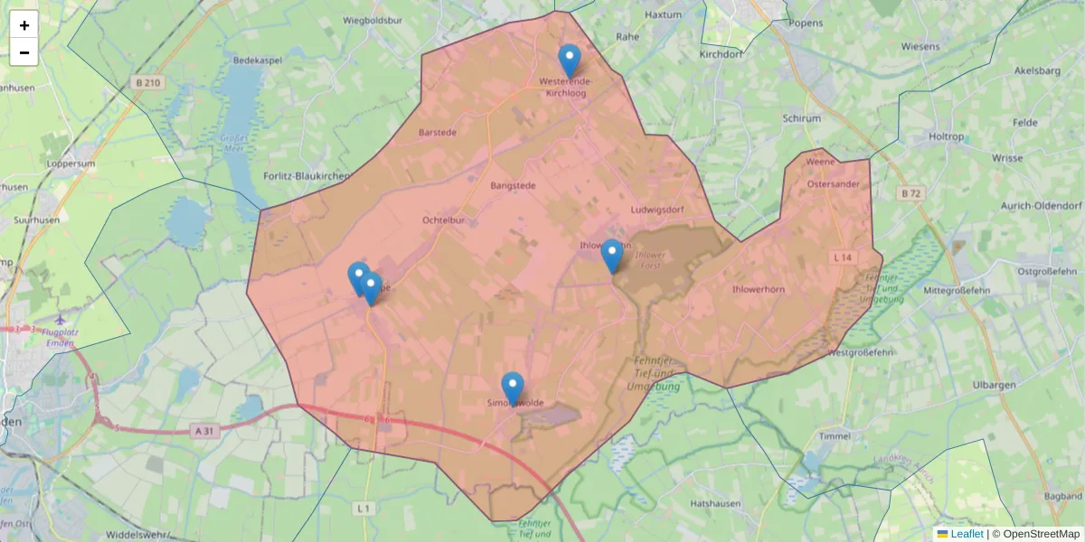 Karte des Postleitzahlen Bereichs  und der umliegenden Postleitzahlen in Deutschland