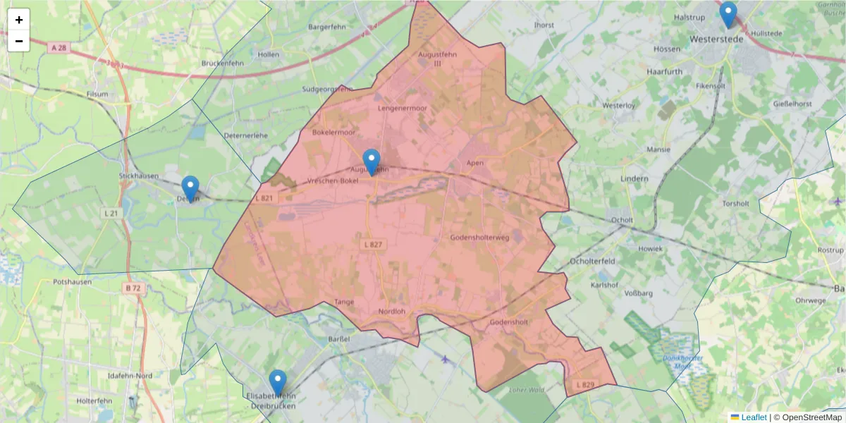 Karte des Postleitzahlen Bereichs  und der umliegenden Postleitzahlen in Deutschland