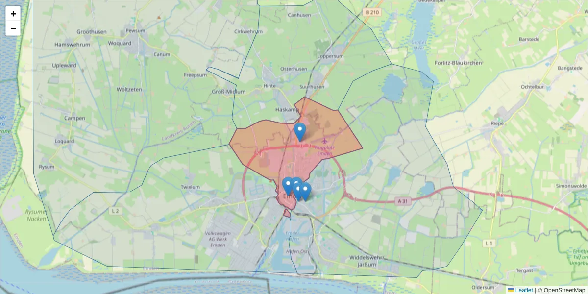 Karte des Postleitzahlen Bereichs  und der umliegenden Postleitzahlen in Deutschland