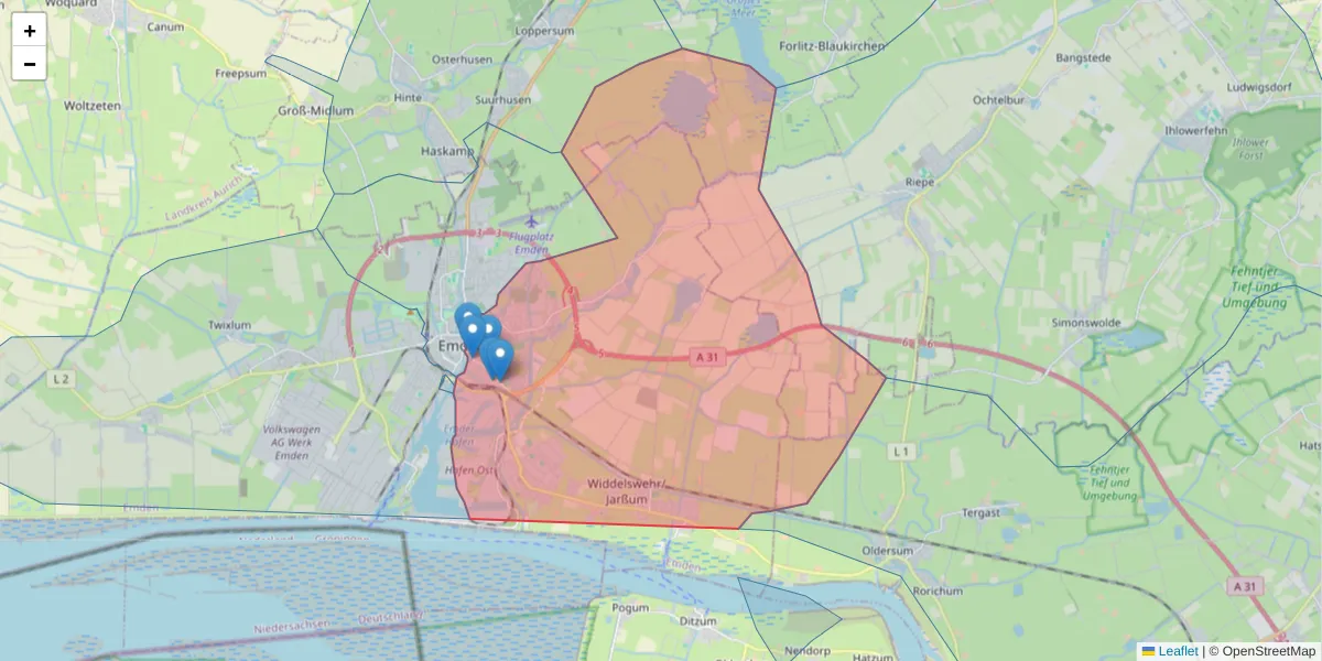 Karte des Postleitzahlen Bereichs  und der umliegenden Postleitzahlen in Deutschland