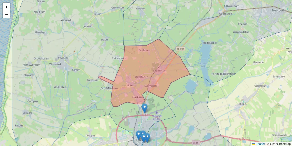 Karte des Postleitzahlen Bereichs  und der umliegenden Postleitzahlen in Deutschland