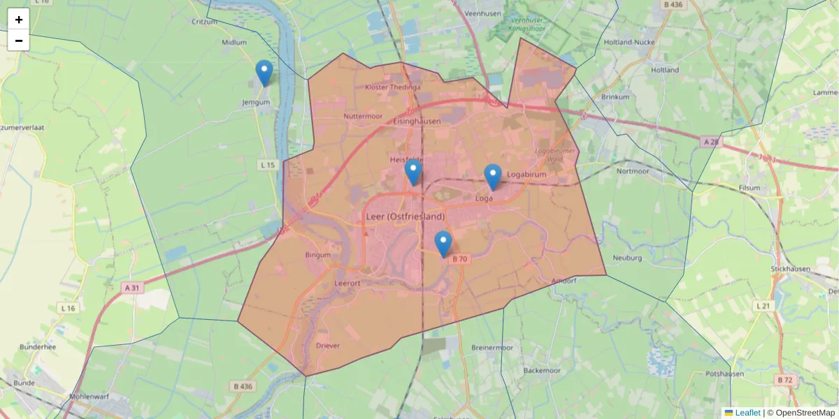 Karte des Postleitzahlen Bereichs  und der umliegenden Postleitzahlen in Deutschland