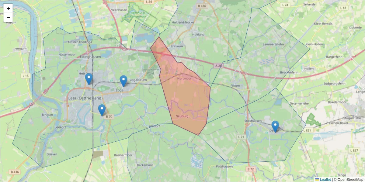 Karte des Postleitzahlen Bereichs  und der umliegenden Postleitzahlen in Deutschland