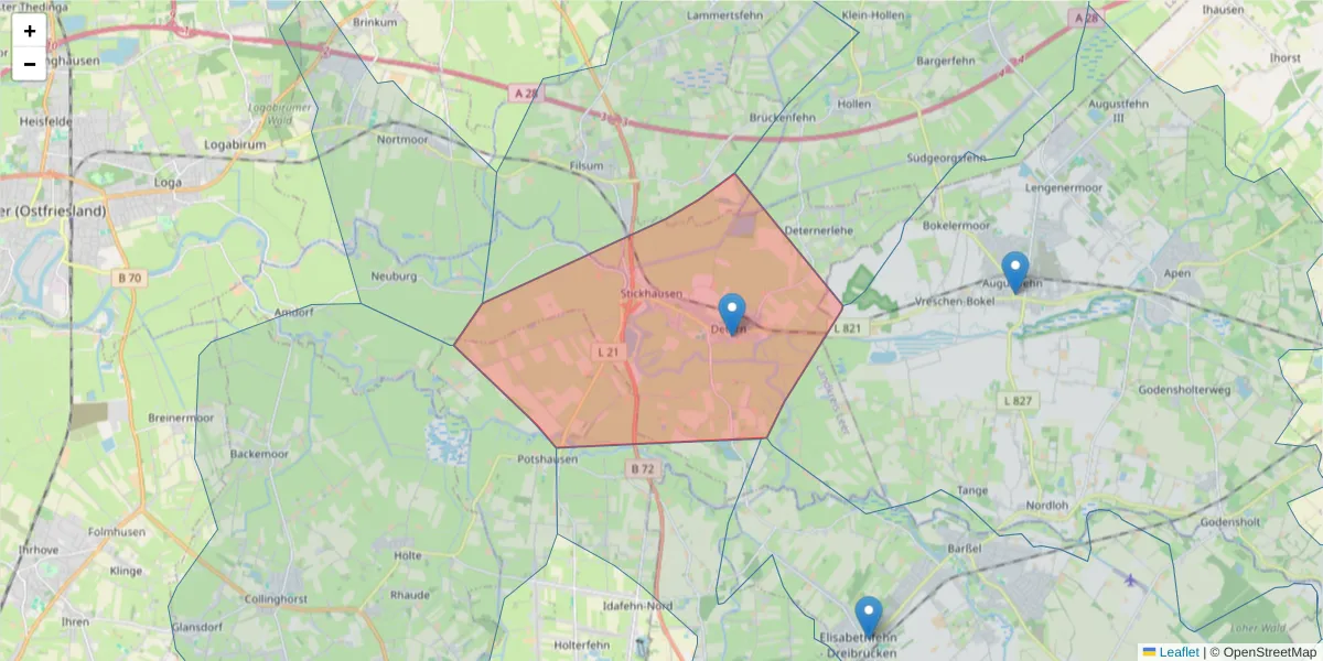 Karte des Postleitzahlen Bereichs  und der umliegenden Postleitzahlen in Deutschland