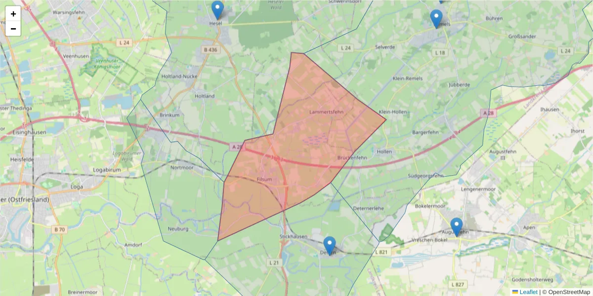 Karte des Postleitzahlen Bereichs  und der umliegenden Postleitzahlen in Deutschland