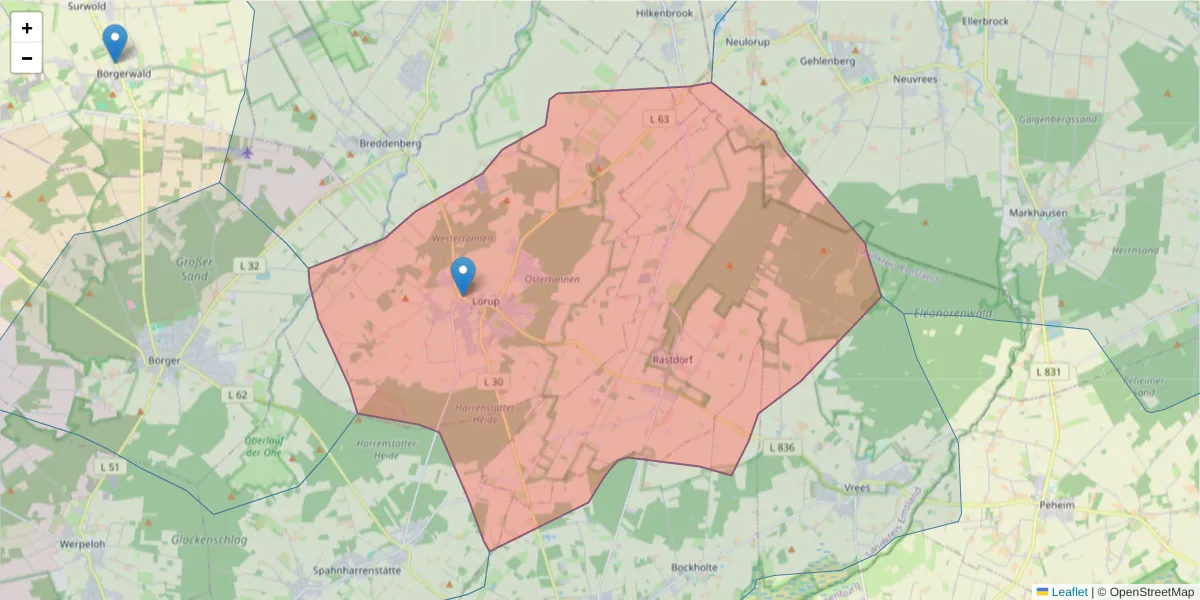Karte des Postleitzahlen Bereichs  und der umliegenden Postleitzahlen in Deutschland