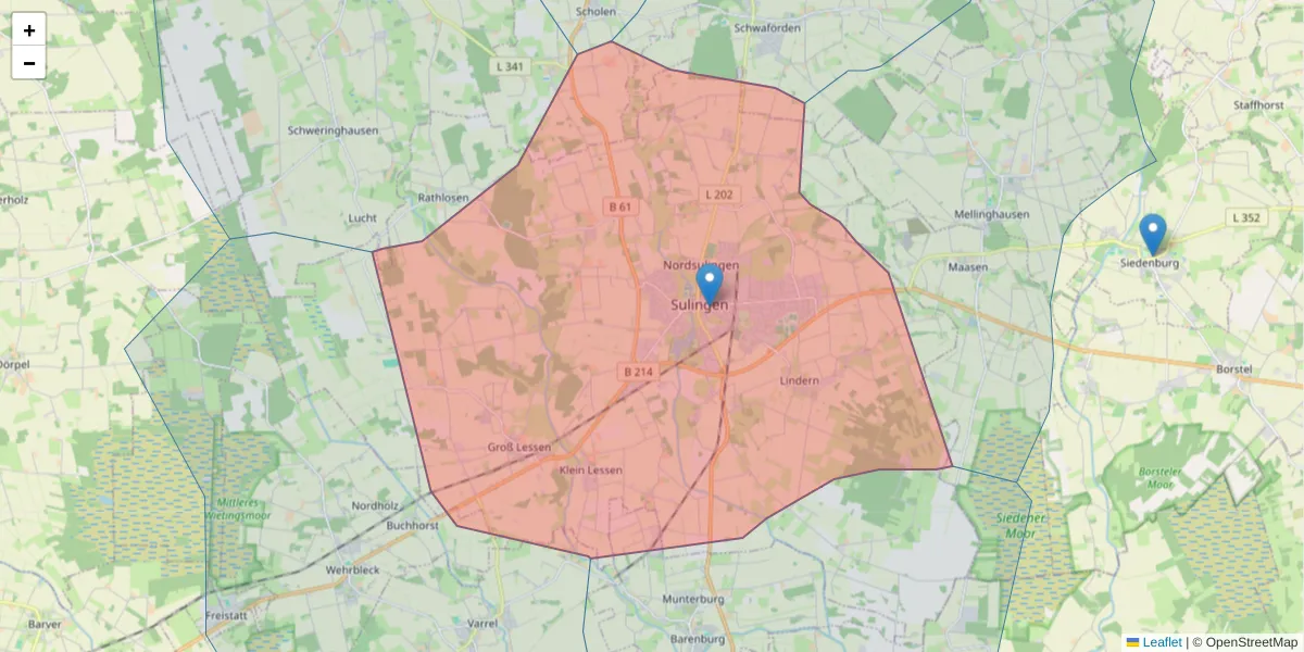 Karte des Postleitzahlen Bereichs  und der umliegenden Postleitzahlen in Deutschland