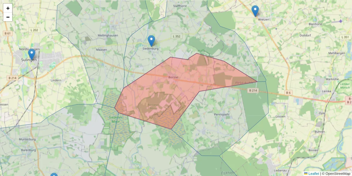 Karte des Postleitzahlen Bereichs  und der umliegenden Postleitzahlen in Deutschland