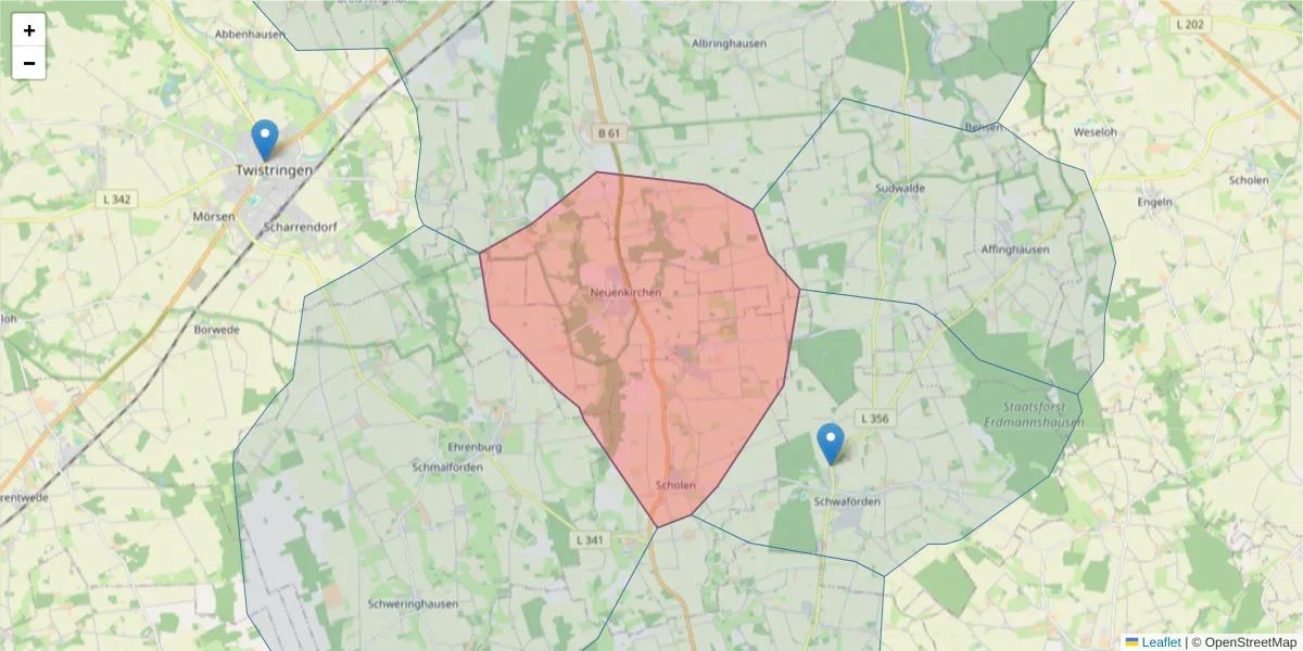 Karte des Postleitzahlen Bereichs  und der umliegenden Postleitzahlen in Deutschland
