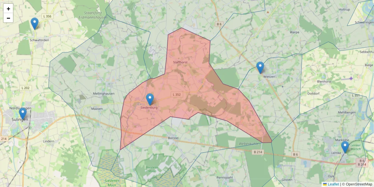 Karte des Postleitzahlen Bereichs  und der umliegenden Postleitzahlen in Deutschland