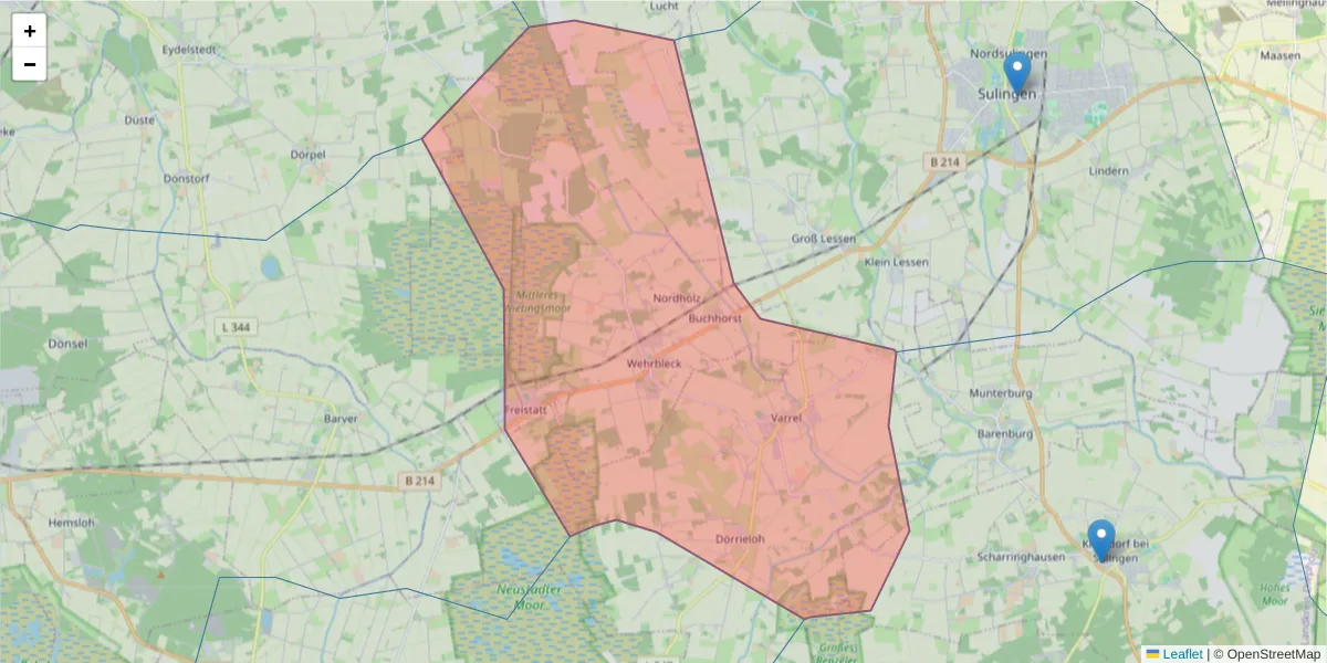 Karte des Postleitzahlen Bereichs  und der umliegenden Postleitzahlen in Deutschland
