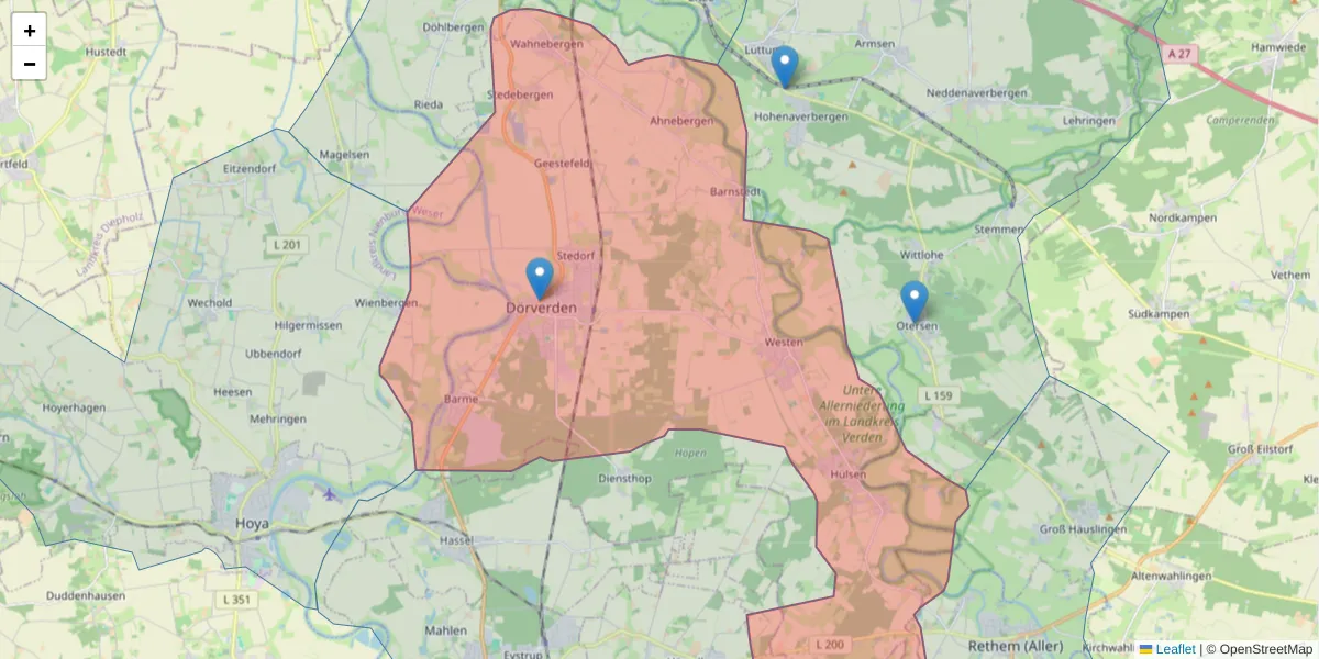 Karte des Postleitzahlen Bereichs  und der umliegenden Postleitzahlen in Deutschland