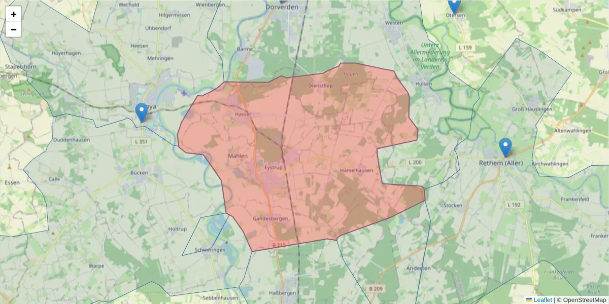 Karte des Postleitzahlen Bereichs  und der umliegenden Postleitzahlen in Deutschland