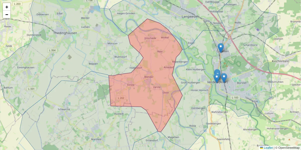Karte des Postleitzahlen Bereichs  und der umliegenden Postleitzahlen in Deutschland
