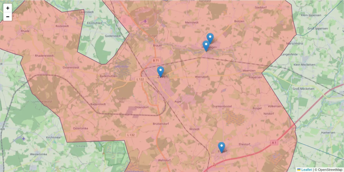 Karte des Postleitzahlen Bereichs  und der umliegenden Postleitzahlen in Deutschland