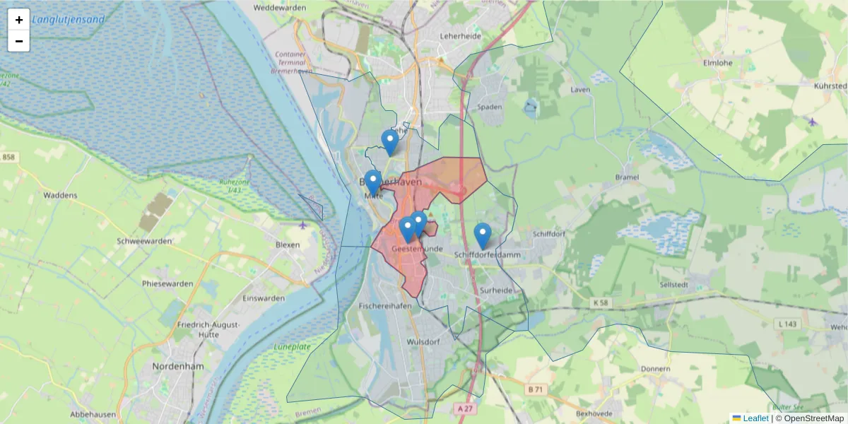 Karte des Postleitzahlen Bereichs  und der umliegenden Postleitzahlen in Deutschland