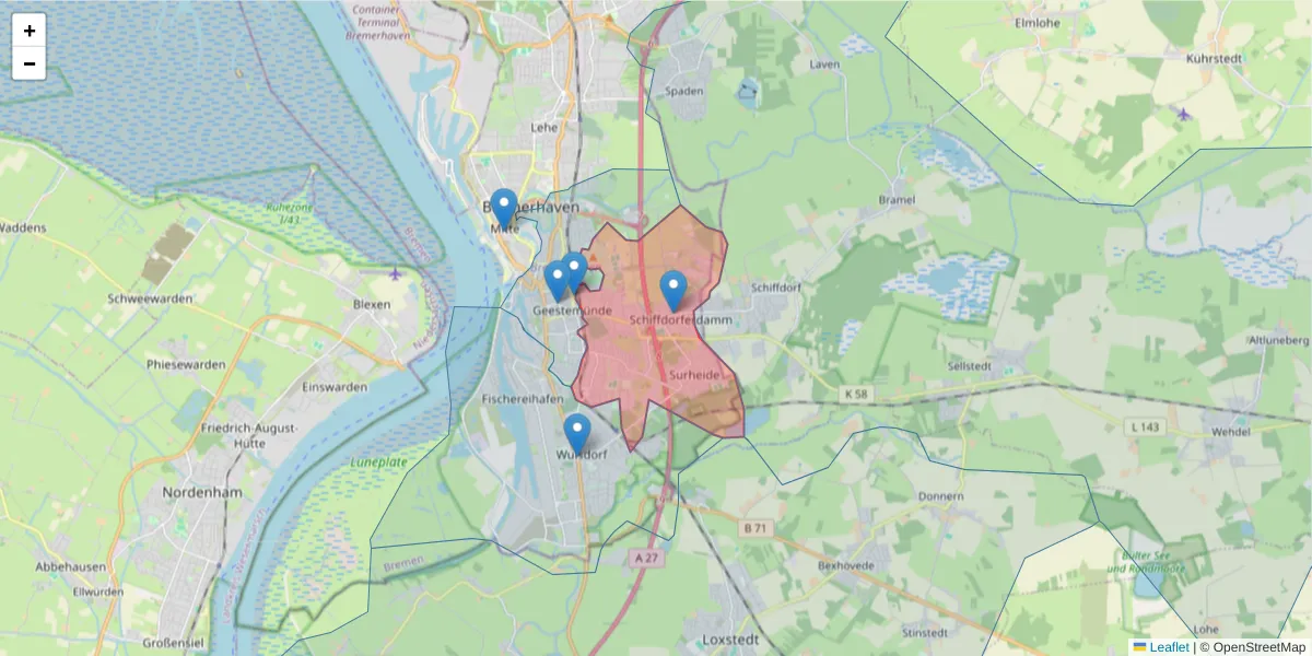 Karte des Postleitzahlen Bereichs  und der umliegenden Postleitzahlen in Deutschland