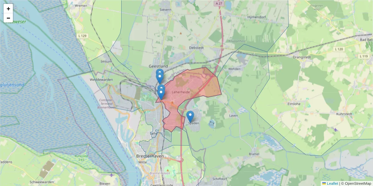 Karte des Postleitzahlen Bereichs  und der umliegenden Postleitzahlen in Deutschland