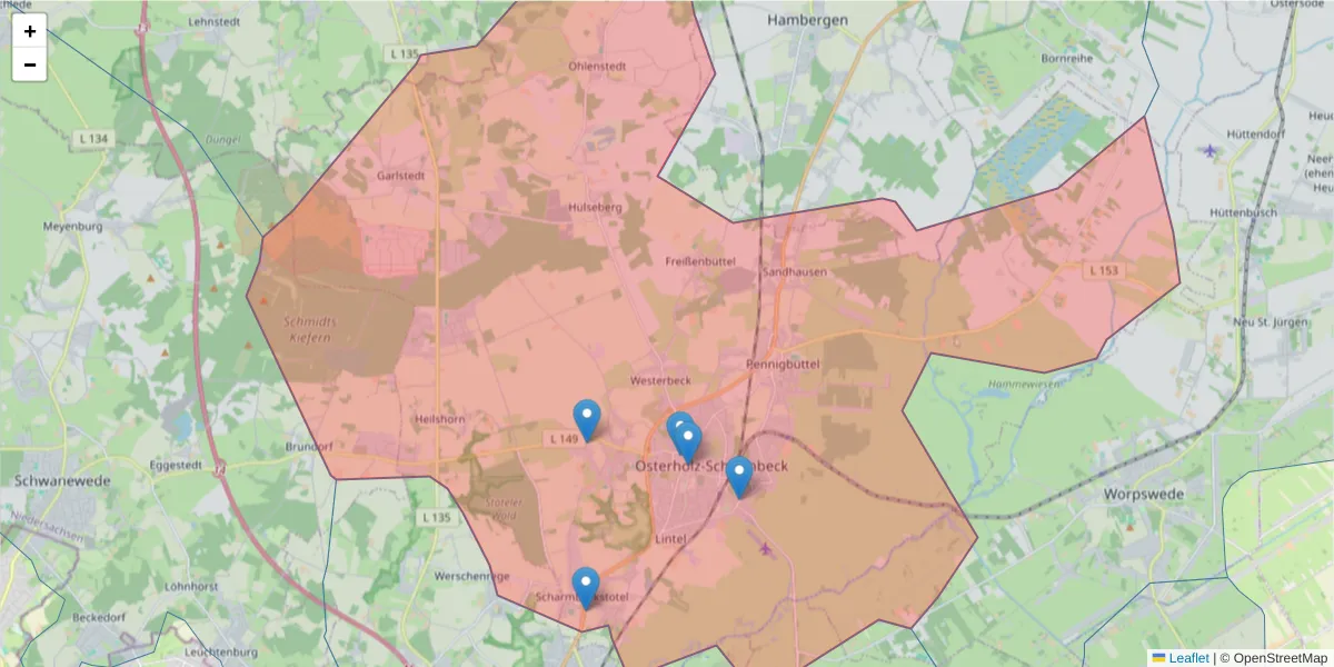 Karte des Postleitzahlen Bereichs  und der umliegenden Postleitzahlen in Deutschland