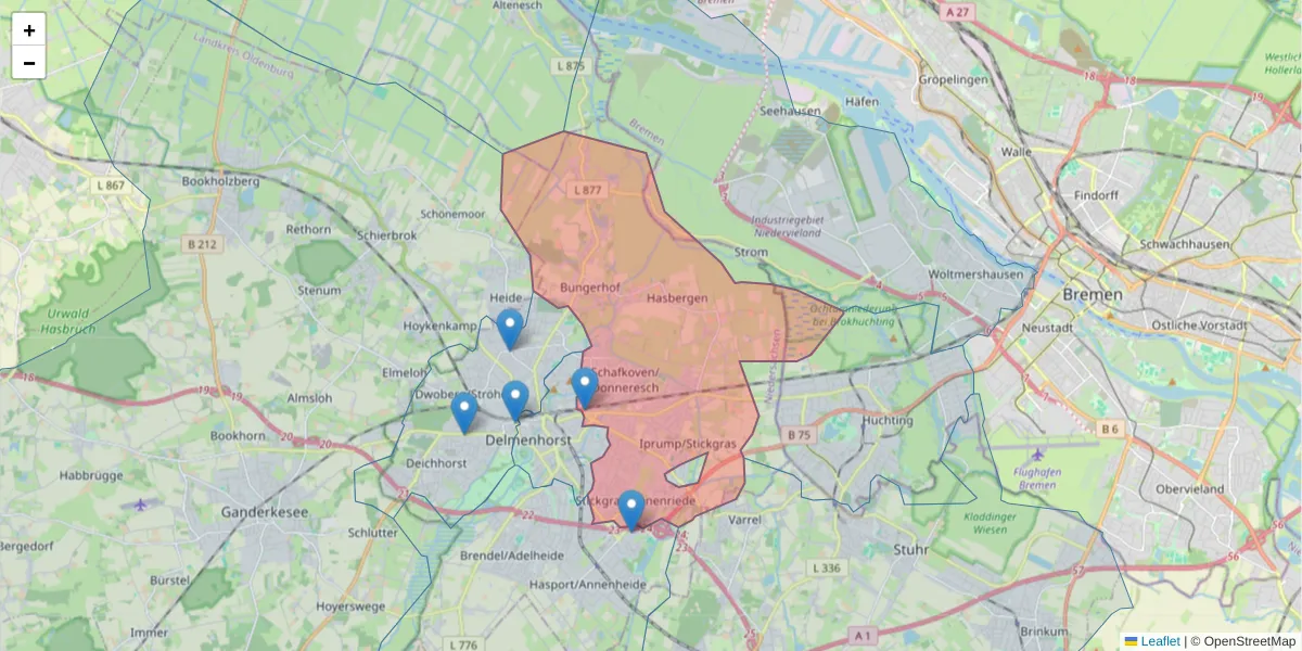 Karte des Postleitzahlen Bereichs  und der umliegenden Postleitzahlen in Deutschland