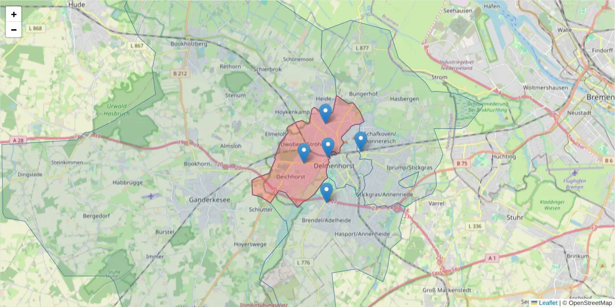 Karte des Postleitzahlen Bereichs  und der umliegenden Postleitzahlen in Deutschland